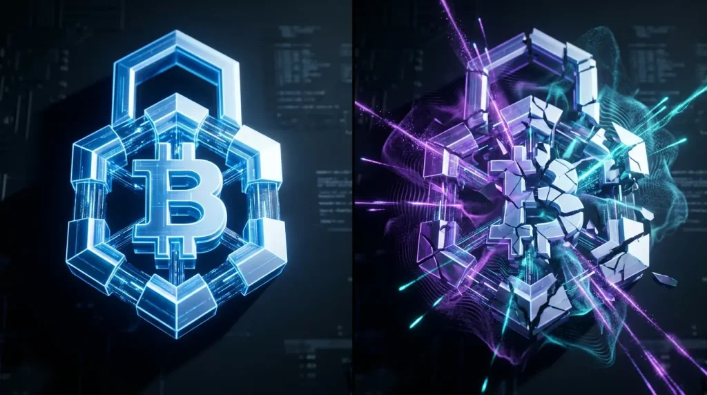 Digital security lock fracturing under quantum computing pressure, representing Bitcoin cryptography vulnerability.