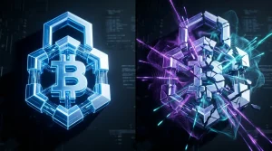 Digital security lock fracturing under quantum computing pressure, representing Bitcoin cryptography vulnerability.