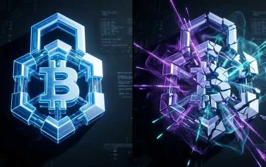 Digital security lock fracturing under quantum computing pressure, representing Bitcoin cryptography vulnerability.