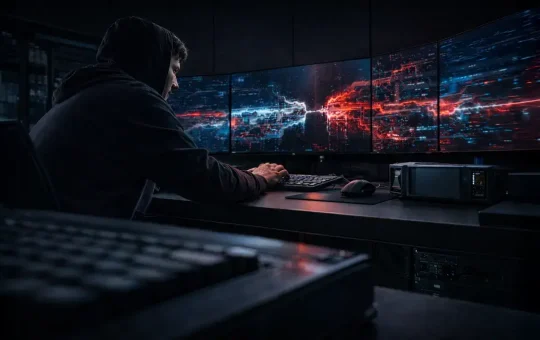 Hooded operator at a dark workstation monitoring a red digital breach across wide screens, reflecting a major DeFi exploit that triggered bank-run-style withdrawals from the market