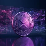 XRP cryptocurrency coin with purple-magenta gradient lighting and institutional data grid overlay