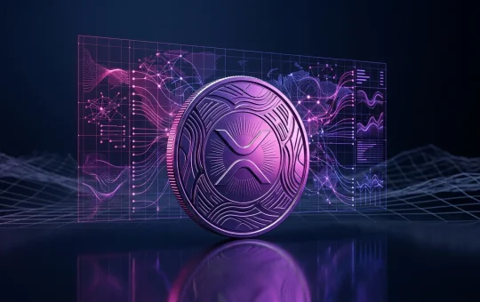 XRP cryptocurrency coin with purple-magenta gradient lighting and institutional data grid overlay