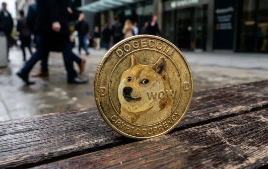 Dogecoin cryptocurrency coin declining against modern gradient background with grid structure