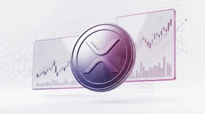XRP coin with purple-magenta gradient lighting and abstract price chart visualization in studio setting