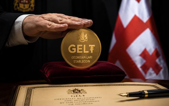 GEL₮ Georgian lari stablecoin displayed with official ceremony setting and Georgian flag symbolizing Tether-backed national payment rail expansion in Georgia