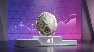 XRP cryptocurrency coin on podium with purple gradient background representing top blockchain ranking