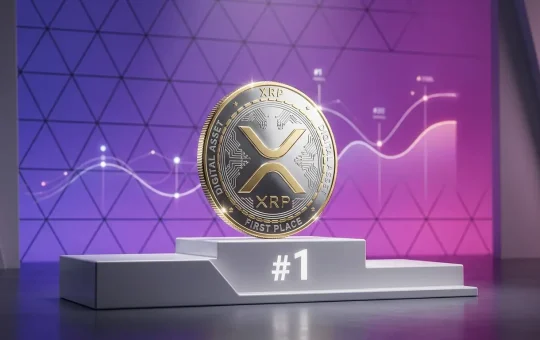 XRP cryptocurrency coin on podium with purple gradient background representing top blockchain ranking