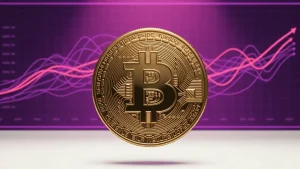 Bitcoin coin with purple and magenta network activity visualization showing bull phase signal