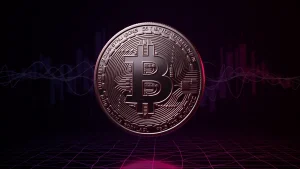 Bitcoin coin with purple magenta gradient lighting and digital grid backdrop representing market volatility