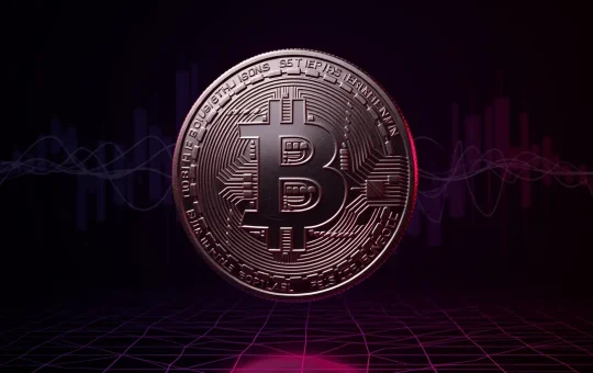 Bitcoin coin with purple magenta gradient lighting and digital grid backdrop representing market volatility