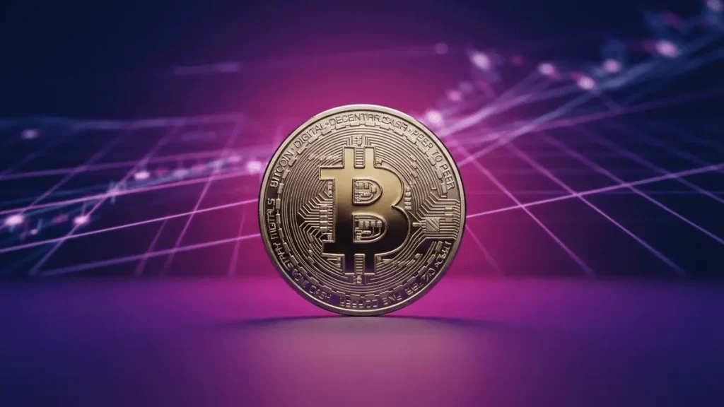 Bitcoin coin on purple gradient surface with geometric grid, symbolizing ETF institutional investment growth