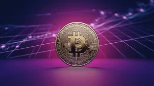 Bitcoin coin on purple gradient surface with geometric grid, symbolizing ETF institutional investment growth