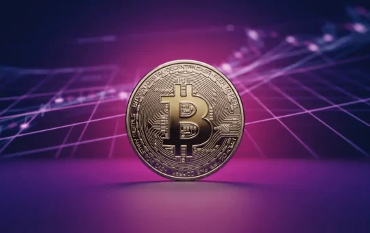 Bitcoin coin on purple gradient surface with geometric grid, symbolizing ETF institutional investment growth