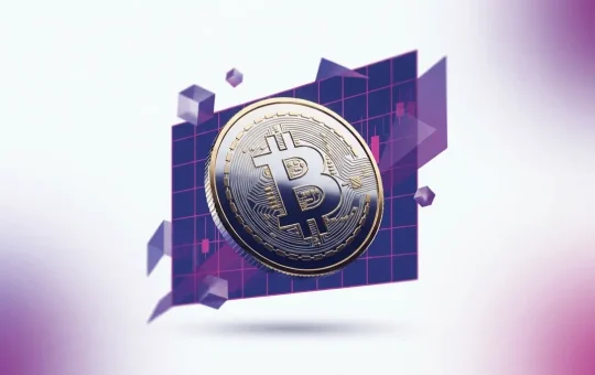 Bitcoin coin with purple gradient grid and technical chart structure in modern crypto dashboard style