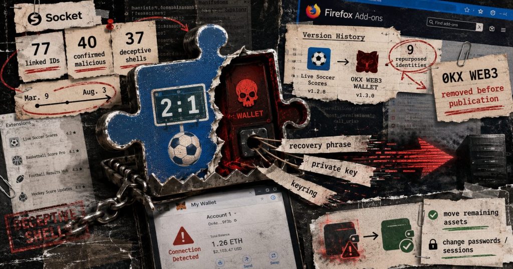 40 malicious Firefox add-ons targeted crypto wallets, and 9 began as sports-score tools