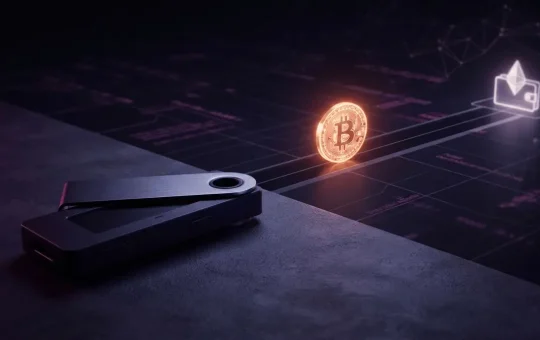 Hardware wallet and blockchain transaction path representing a Bitcoin hack-related fund transfer