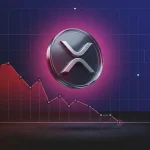 Metallic XRP asset under pressure above a key support level in a dark crypto market scene