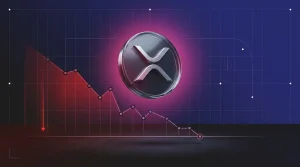 Metallic XRP asset under pressure above a key support level in a dark crypto market scene