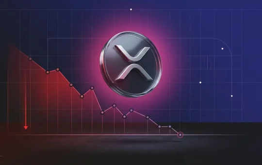 Metallic XRP asset under pressure above a key support level in a dark crypto market scene