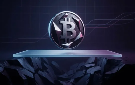 Bitcoin coin holding above a glowing cost-basis floor during a bear market