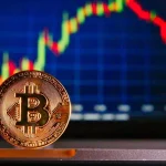A physical Bitcoin coin in the foreground with a financial candlestick chart on a computer screen in the background.