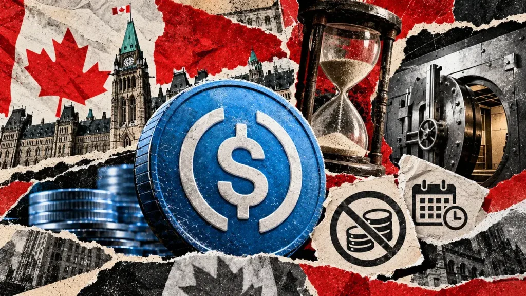 Editorial collage of a stablecoin symbol, Canadian Parliament, an hourglass, and a bank vault illustrating proposed redemption limits.