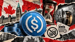 Editorial collage of a stablecoin symbol, Canadian Parliament, an hourglass, and a bank vault illustrating proposed redemption limits.