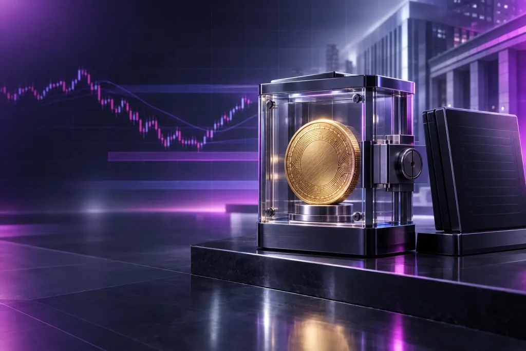 Bitcoin secured as collateral in a modern bank vault, representing institutional crypto lending and market risk.