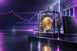 Bitcoin secured as collateral in a modern bank vault, representing institutional crypto lending and market risk.