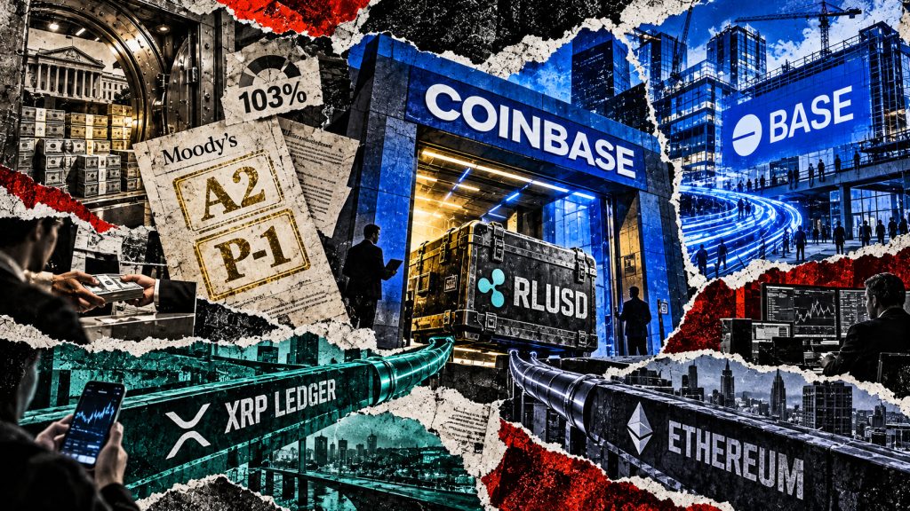 RLUSD enters Coinbase and Base through XRP Ledger and Ethereum rails, backed by reserves and Moody’s A2 and P-1 ratings.
